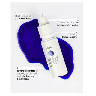 White bottle of muk Blue Drops hair color with blue color swatch on a white background