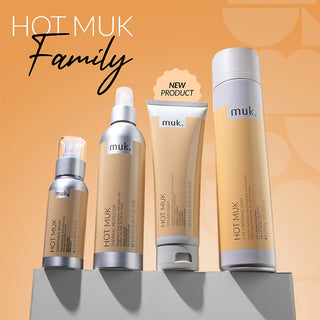 Collection of HOT MUK skincare products on a gradient background with 'NEW PRODUCT' label.