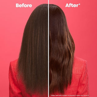 Before and after comparison of hair treatment on a person with a red background