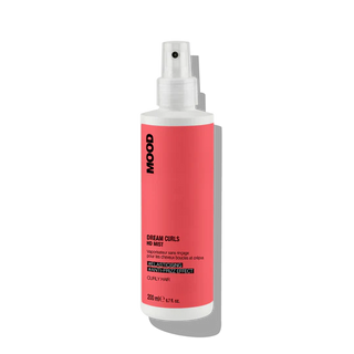 Mood hair product spray bottle with pink label on a white background