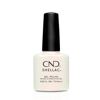 A bottle of CND Shellac gel polish in a sheer white with pearl finish color.