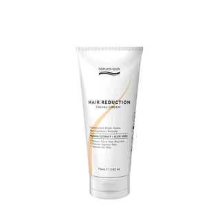 A white squeeze tube of Natural Look Hair Reduction Facial Cream with black text and a subtle gold accent line, set against a plain white background.