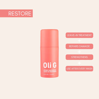 Oli G hair care product with features on a light pink background
