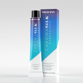 A tube and box of Pravana Chromasilk HydraGloss hair color on a clean white background. The packaging features a purple-to-blue gradient with a white lower section and black text.