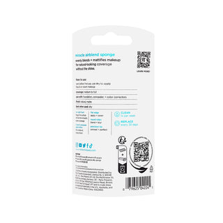 Back of a makeup sponge packaging with text and QR code on a white background