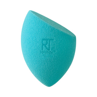 Turquoise makeup sponge with a brand logo on a white background