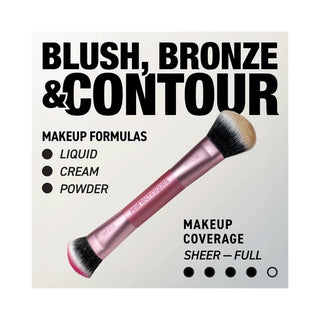 A makeup brush with a metallic pink handle and black-and-white bristles, shown diagonally on a light gray background with promotional text reading 'BLUSH, BRONZE & CONTOUR' and 'MAKEUP FORMULAS LIQUID CREAM POWDER'.
