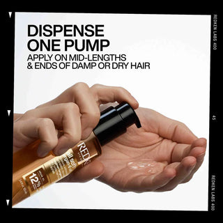 Hand holding a bottle of hair product with text on dispensing and application.
