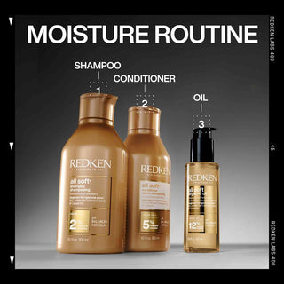 Redken hair care products for a moisture routine on a gray background