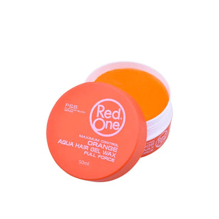 Orange hair gel wax container with 'Red One' branding on a white background