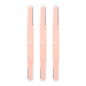 Three slim, pale pink slimline makeup brushes with clear caps, arranged side-by-side on a plain white background.