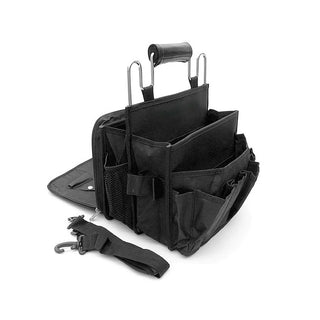Black tool organizer with multiple compartments and a handle on a white background