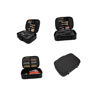 Black travel case with open compartments on a white background