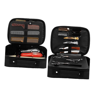 Two open black cases containing grooming tools on a white background