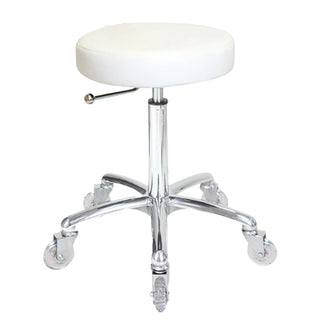 White stool with a round cushioned seat and chrome base on a white background
