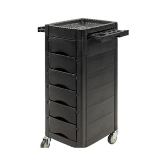 Black rolling cart with multiple drawers on a white background