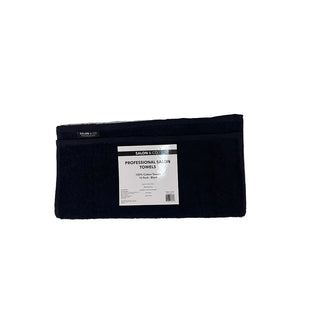Black salon towel with a label on a white background