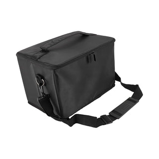 Black carrying case with a shoulder strap on a white background