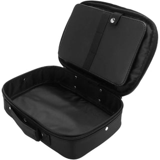 Black travel case with open lid on a white background