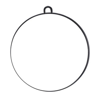 A mirror with black metal circular hoop with a small hanging loop at the top, isolated on a white background.