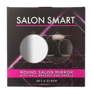 The retail packaging box for a 'SALON SMART' round salon mirror with wall bracket and handle, shown against a plain white background.