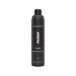 A matte black aerosol can of Vitality's Flowy Extreme Hold Spray, featuring pink and white text on a clean white background.