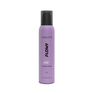 A lavender purple aerosol can of Vitality's Flowy Strong Form hair product, featuring a black cap, on a solid white background.