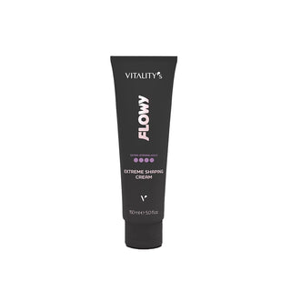 A black squeeze tube of Vitality's Flowy Extreme Shaping Cream, 50ml, shown against a plain white background.