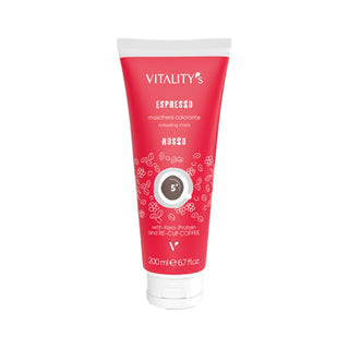 Red tube of Vitality's Espresso hair mask on a white background