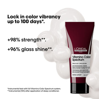 L'Oreal Serie Expert Vitamino Color Spectrum hair care product with text highlighting color vibrancy and strength.