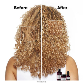 Before and after comparison of curly hair with hair care products below.