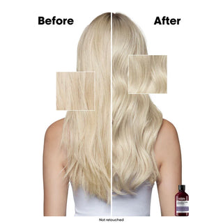 Before and after comparison of blonde hair with a bottle of hair product.