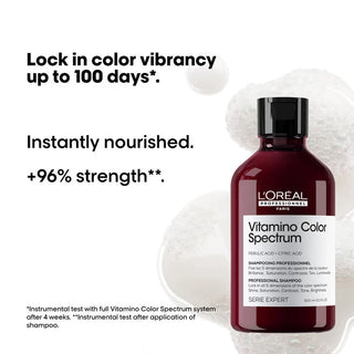 L'Oreal Vitamino Color Spectrum shampoo bottle with text about color vibrancy and nourishment.