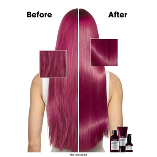 Before and after comparison of purple hair color with hair care products.