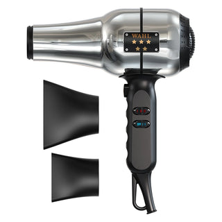 Silver and black hair dryer with a nozzle attachment on a white background, featuring the Wahl brand.