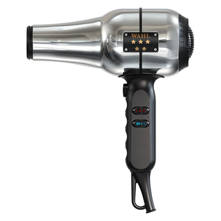 Silver and black hair dryer with Wahl logo on a white background