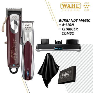 Wahl Professional hair trimmer set with charger and cloth on a white background