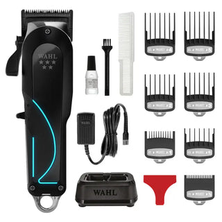 Wahl hair cutting kit with various attachments on a white background