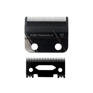 Black metal  Clipper blade set with a comb-style upper blade labeled 'F32 FADEOUT' and a matching smaller blade below, shown on a plain white background.