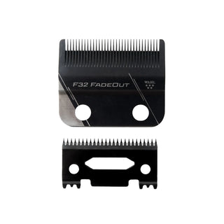 Black metal beard trimmer blade set with a comb-style upper blade labeled 'F32 FADEOUT' and a matching smaller blade below, shown on a plain white background.