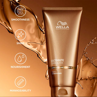 Wella Professionals Ultimate Smooth conditioner tube with product benefits on a brown background