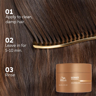 Wella hair product with application steps on a close-up of hair.