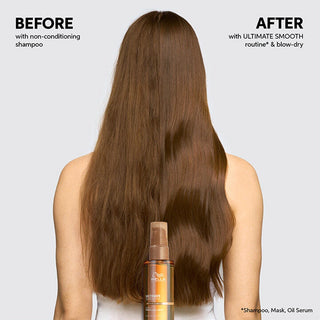 Before and after comparison of hair with a conditioning product, featuring a bottle labeled 'Ultimate Smooth'.