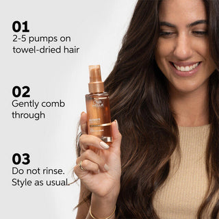 Woman holding a bottle of Wella hair product with usage instructions on a white background