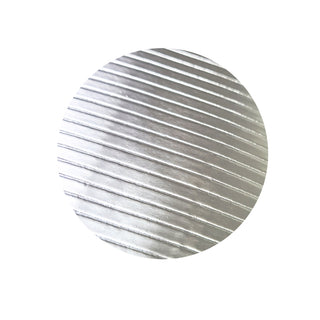 Metallic circular object with ribbed texture on a white background
