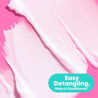 Hair product with 'Easy Detangling, Shiny & Conditioned' text on a pink background