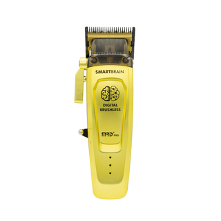 Yellow hair clipper with 'SmartBrain' and 'Digital Brushless' branding on a white background